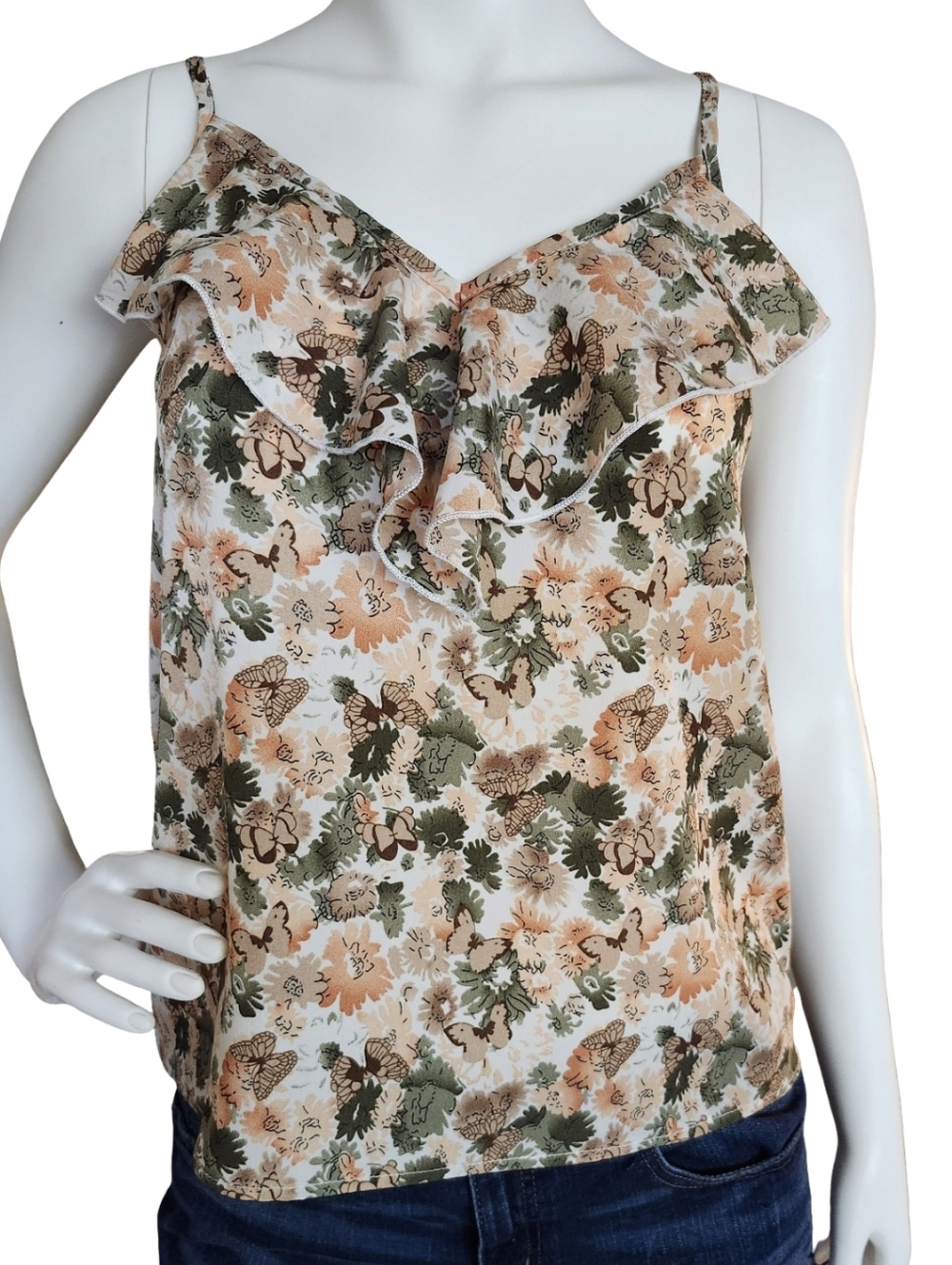 Ruffle V-Neck Floral Cami Top - Beige & Green
